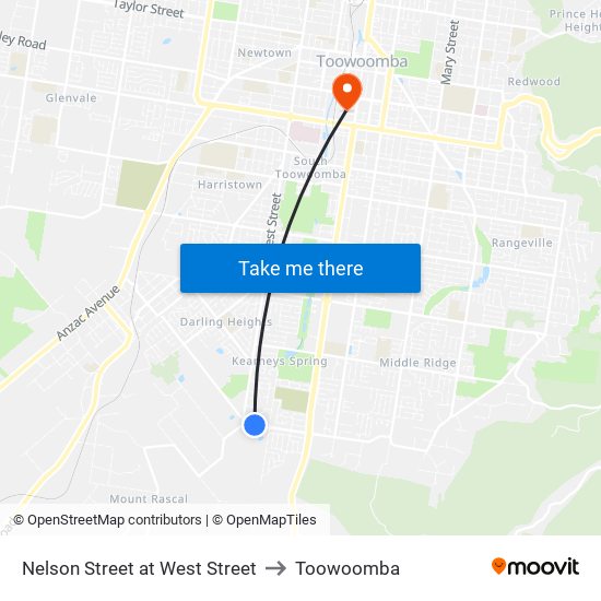 Nelson Street at West Street to Toowoomba map