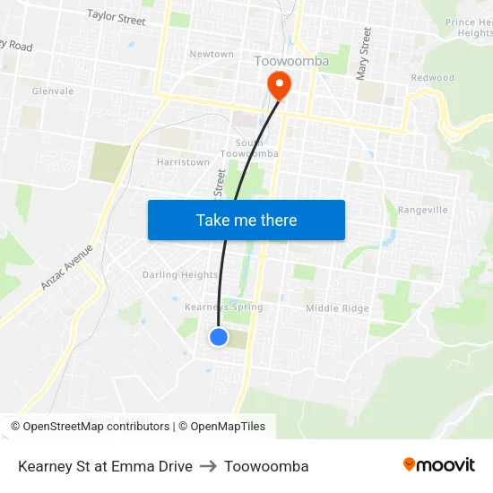 Kearney St at Emma Drive to Toowoomba map