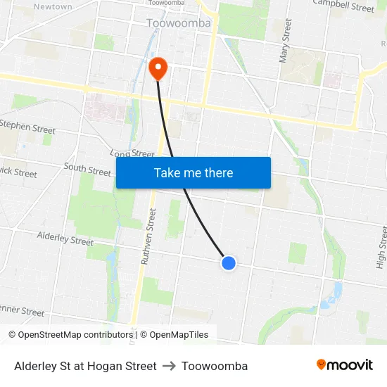 Alderley St at Hogan Street to Toowoomba map