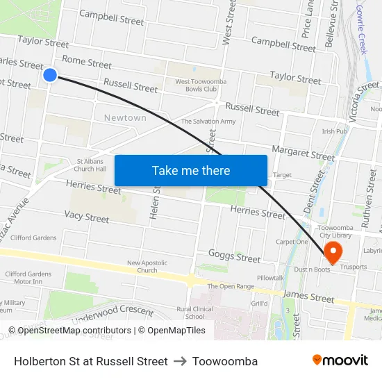 Holberton St at Russell Street to Toowoomba map