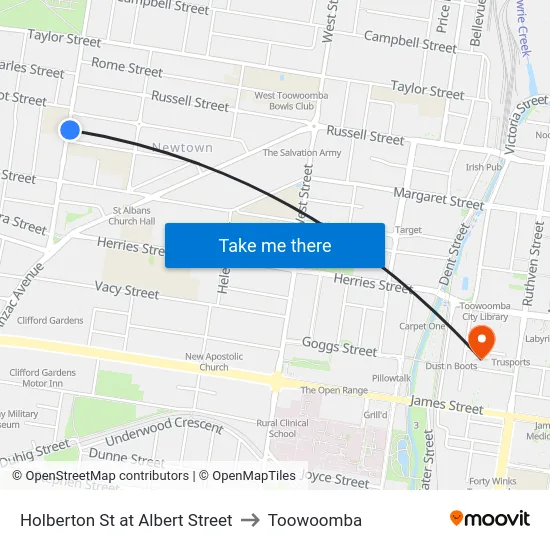 Holberton St at Albert Street to Toowoomba map