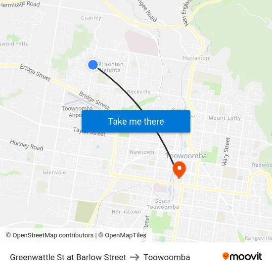 Greenwattle St at Barlow Street to Toowoomba map