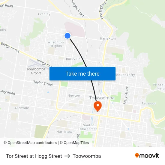 Tor Street at Hogg Street to Toowoomba map