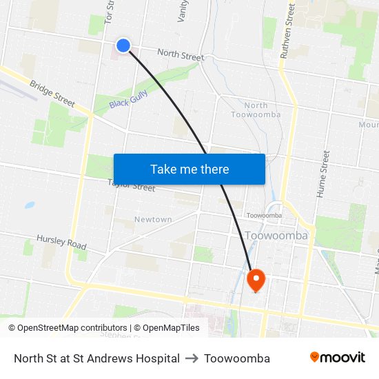 North St at St Andrews Hospital to Toowoomba map