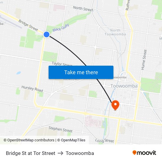 Bridge St at Tor Street to Toowoomba map