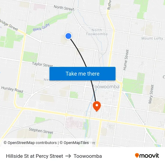 Hillside St at Percy Street to Toowoomba map