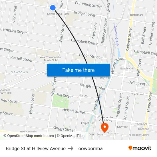 Bridge St at Hillview Avenue to Toowoomba map