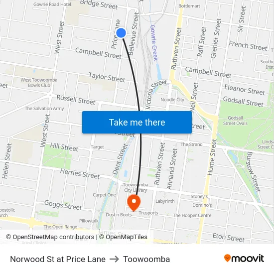 Norwood St at Price Lane to Toowoomba map