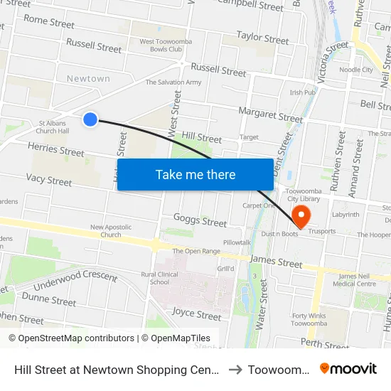 Hill Street at Newtown Shopping Centre to Toowoomba map