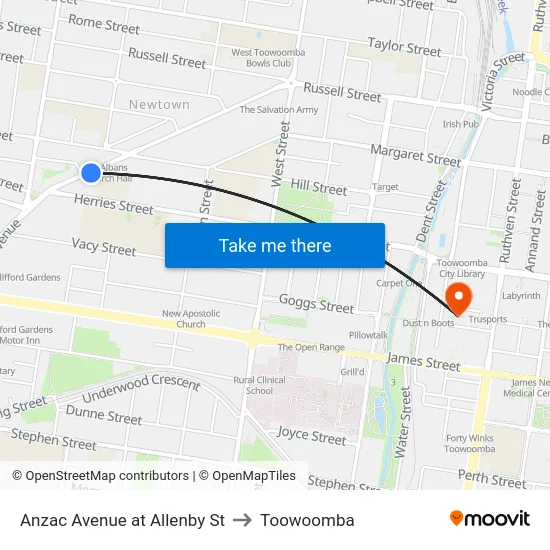 Anzac Avenue at Allenby St to Toowoomba map