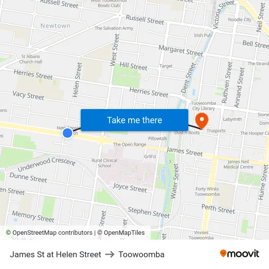 James St at Helen Street to Toowoomba map