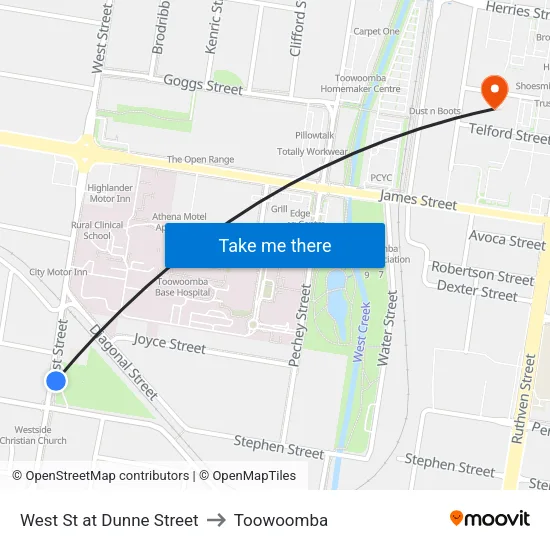 West St at Dunne Street to Toowoomba map