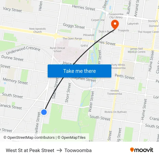 West St at Peak Street to Toowoomba map