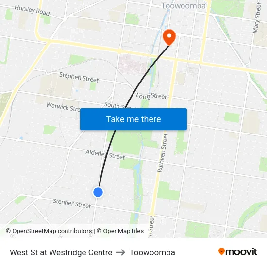 West St at Westridge Centre to Toowoomba map