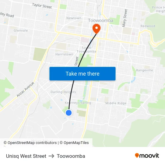 Unisq West Street to Toowoomba map