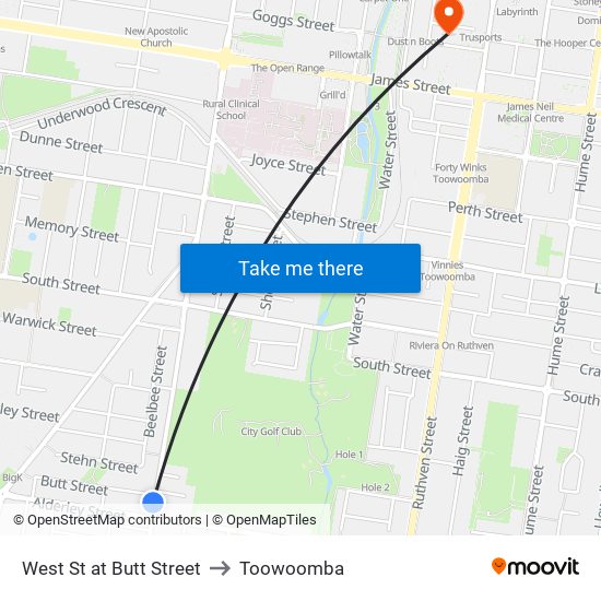 West St at Butt Street to Toowoomba map