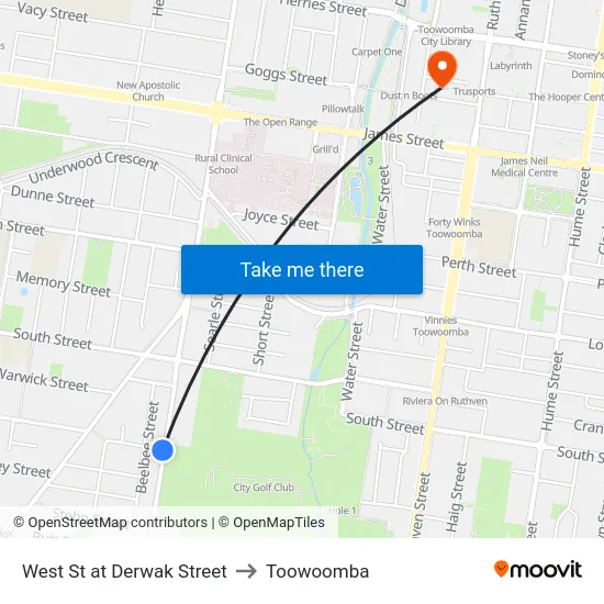 West St at Derwak Street to Toowoomba map