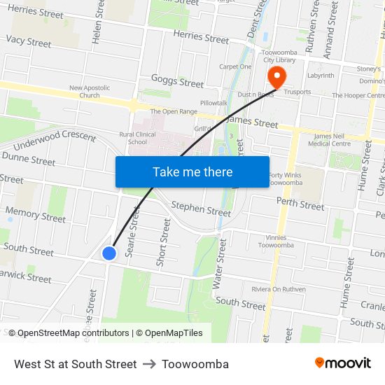 West St at South Street to Toowoomba map