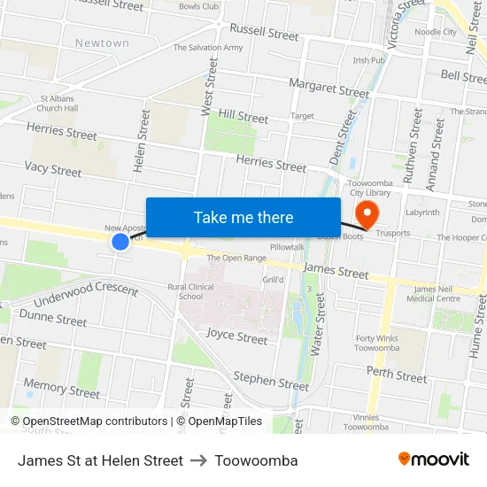 James St at Helen Street to Toowoomba map