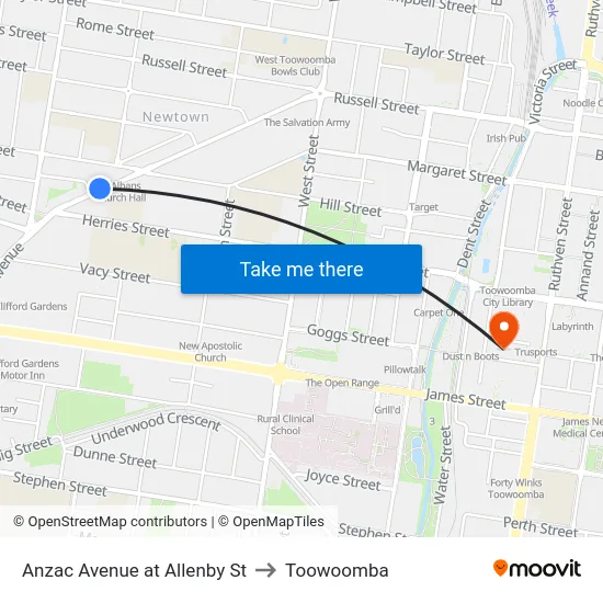 Anzac Avenue at Allenby St to Toowoomba map