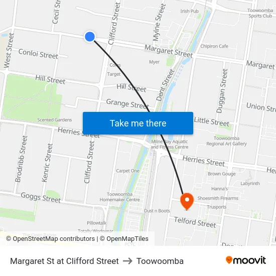 Margaret St at Clifford Street to Toowoomba map