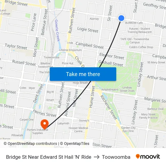 Bridge St Near Edward St Hail 'N' Ride to Toowoomba map