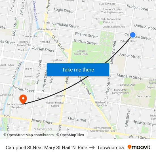 Campbell St Near Mary St Hail 'N' Ride to Toowoomba map