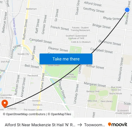 Alford St Near Mackenzie St Hail 'N' Ride to Toowoomba map