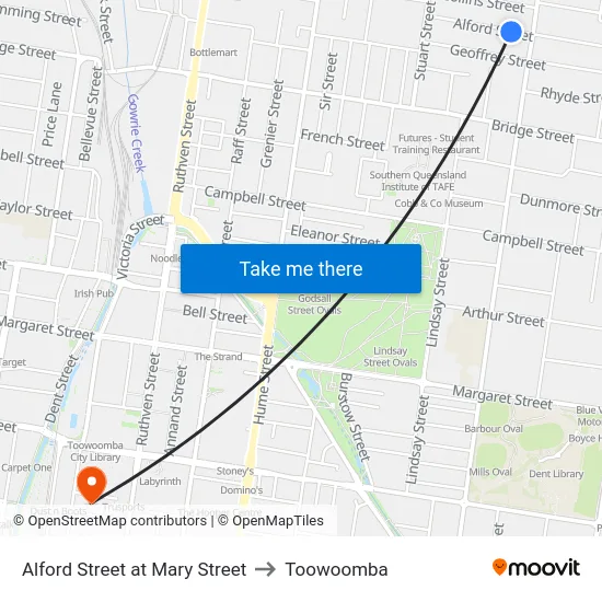 Alford Street at Mary Street to Toowoomba map