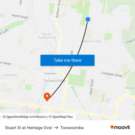 Stuart St at Heritage Oval to Toowoomba map