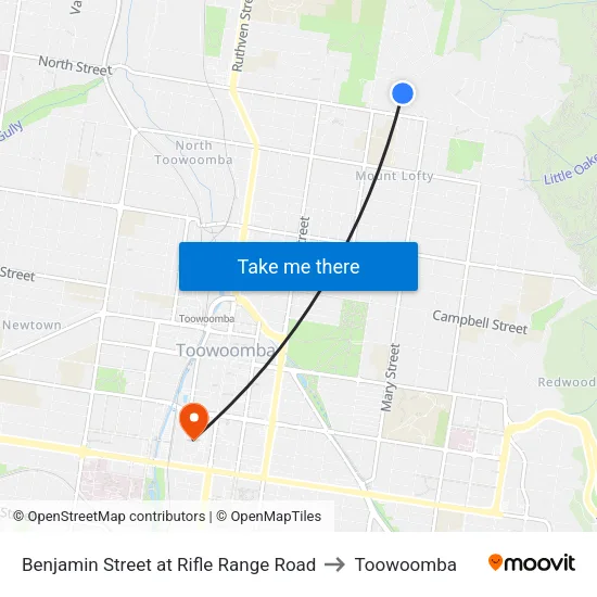 Benjamin Street at Rifle Range Road to Toowoomba map