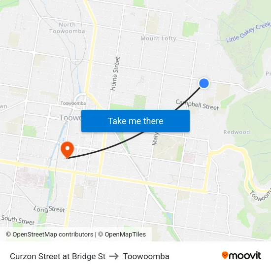 Curzon Street at Bridge St to Toowoomba map