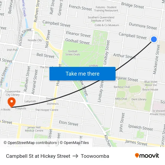 Campbell St at Hickey Street to Toowoomba map