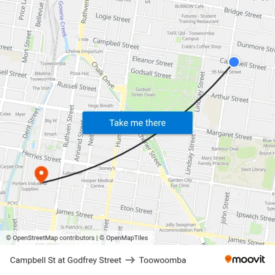 Campbell St at Godfrey Street to Toowoomba map