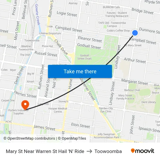 Mary St Near Warren St Hail 'N' Ride to Toowoomba map