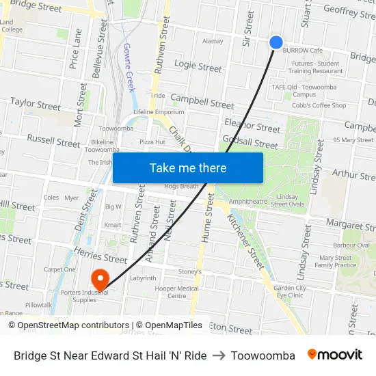 Bridge St Near Edward St Hail 'N' Ride to Toowoomba map