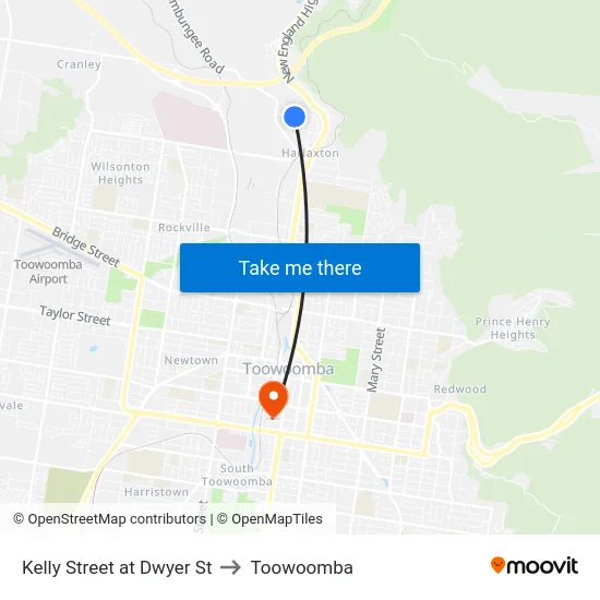 Kelly Street at Dwyer St to Toowoomba map