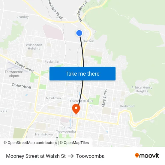 Mooney Street at Walsh St to Toowoomba map