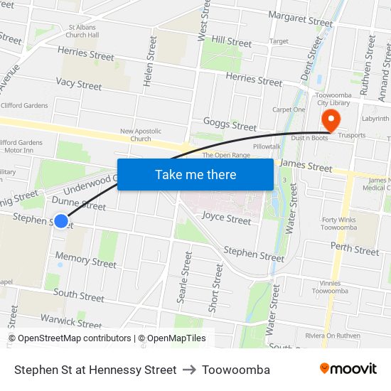 Stephen St at Hennessy Street to Toowoomba map