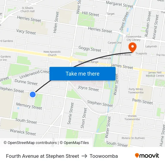 Fourth Avenue at Stephen Street to Toowoomba map