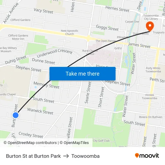 Burton St at Burton Park to Toowoomba map
