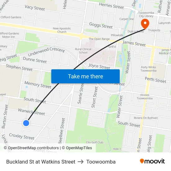 Buckland St at Watkins Street to Toowoomba map