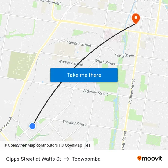 Gipps Street at Watts St to Toowoomba map