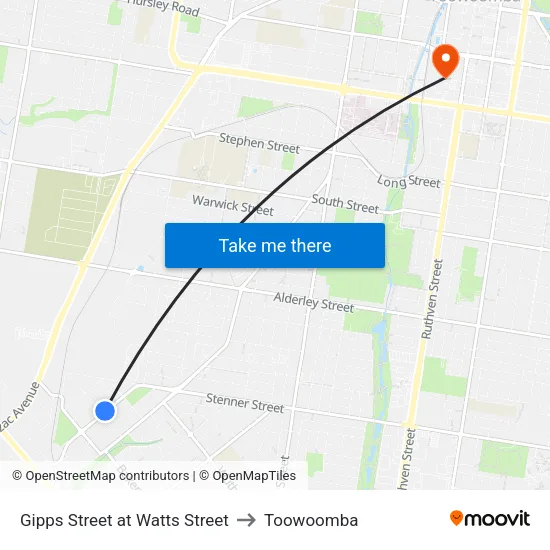 Gipps Street at Watts Street to Toowoomba map