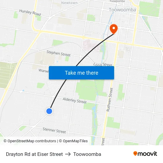 Drayton Rd at Eiser Street to Toowoomba map