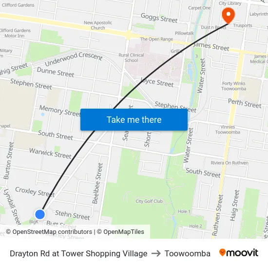 Drayton Rd at Tower Shopping Village to Toowoomba map