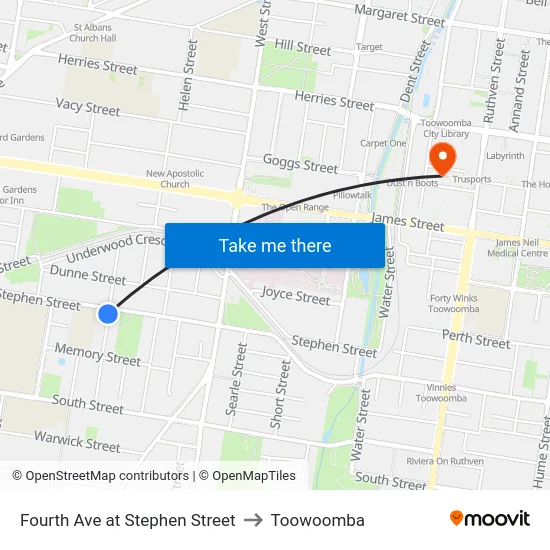 Fourth Ave at Stephen Street to Toowoomba map