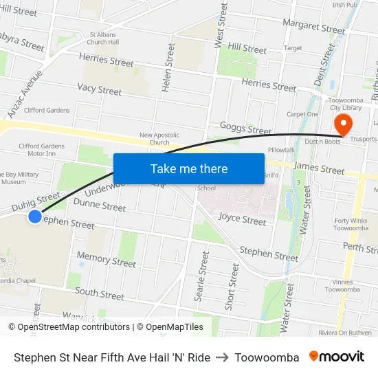 Stephen St Near Fifth Ave Hail 'N' Ride to Toowoomba map