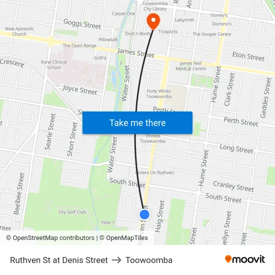 Ruthven St at Denis Street to Toowoomba map
