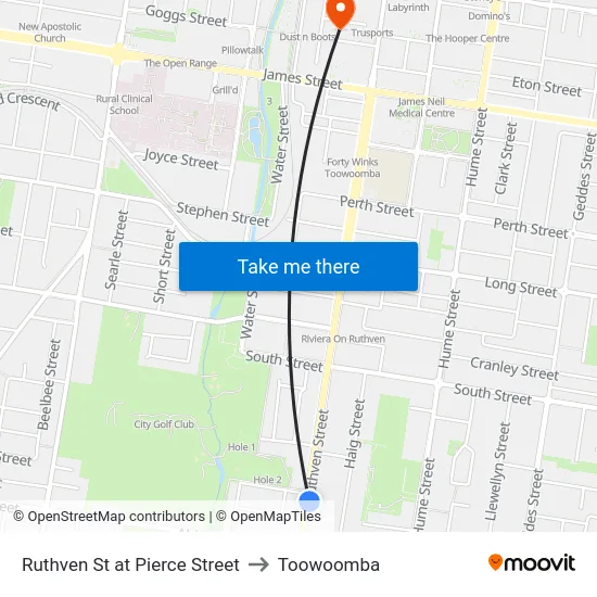 Ruthven St at Pierce Street to Toowoomba map